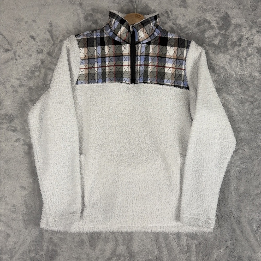 Vera Bradley Teddy Fleece Half-Zip Pullover Size Medium White Blue Plaid NWOT